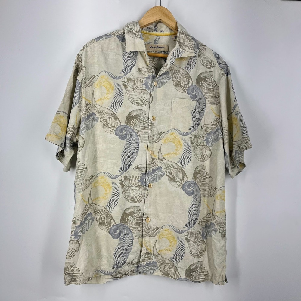 Tommy Bahama Mens Silk Blend Abstract Shell Print Short Sleeve Button Up Shirt M